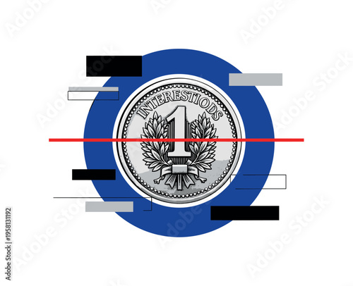 Black and white vintage coin enlarged as central object, bold deep blue circle behind symbolizing economic stability, thin red horizontal line crossing