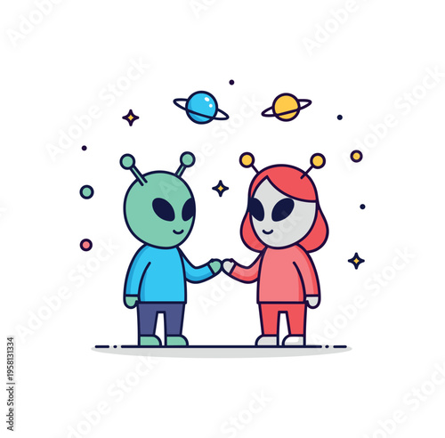 Extraterrestrial friendship concept two friendly alien characters greeting each other while a tiny planet and star sparkles create a cheerful intergalactic