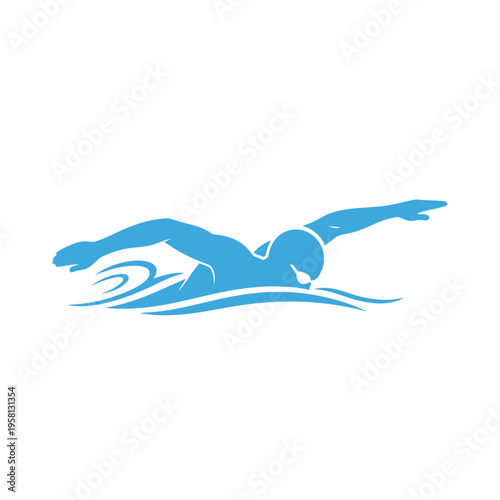 Blue silhouette of competitive swimmer doing crawl stroke