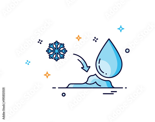 Winter chill icon concept showing a small snowflake drifting beside a frozen droplet turning into ice. The illustration represents the transformation of water