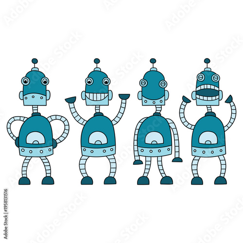 Hand-drawn cartoon set of robots on a white background.