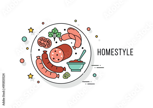 Traditional sausage platter arranged with minimal side garnish and a small dipping bowl. A gentle ?Homestyle? text detail and compact composition emphasize