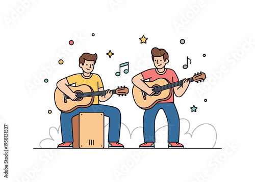 Street style acoustic jam young musicians casually playing guitar and cajon on a small outdoor spot while tiny stars and music notes highlight the rhythm.