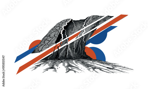 black and white cracked hillside with flowing mud patterns spreading downward after a landslide, cut-out collage object with white outline, layered diagonal