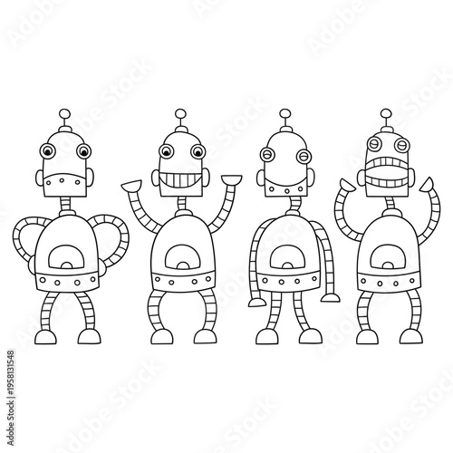 Hand-drawn doodle set of robots on a white background.