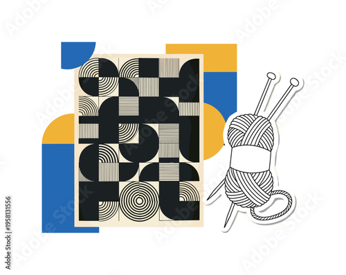 black and white vintage knitting pattern sheet with yarn and needles placed beside it, white cut-out outline around objects, layered semicircles and geometric