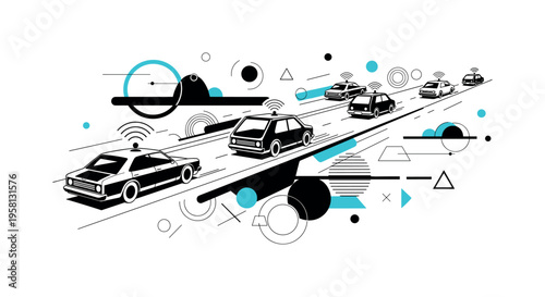 fleet of self-driving cars on highway abstract circles lines and geometric shapes representing future mobility network black and white retro car silhouettes