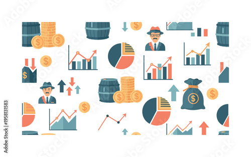 commodity exchange icons seamless pattern, barrels, coins, graphs, traders, sacks, charts and market trend symbols arranged in a repeating pattern, white