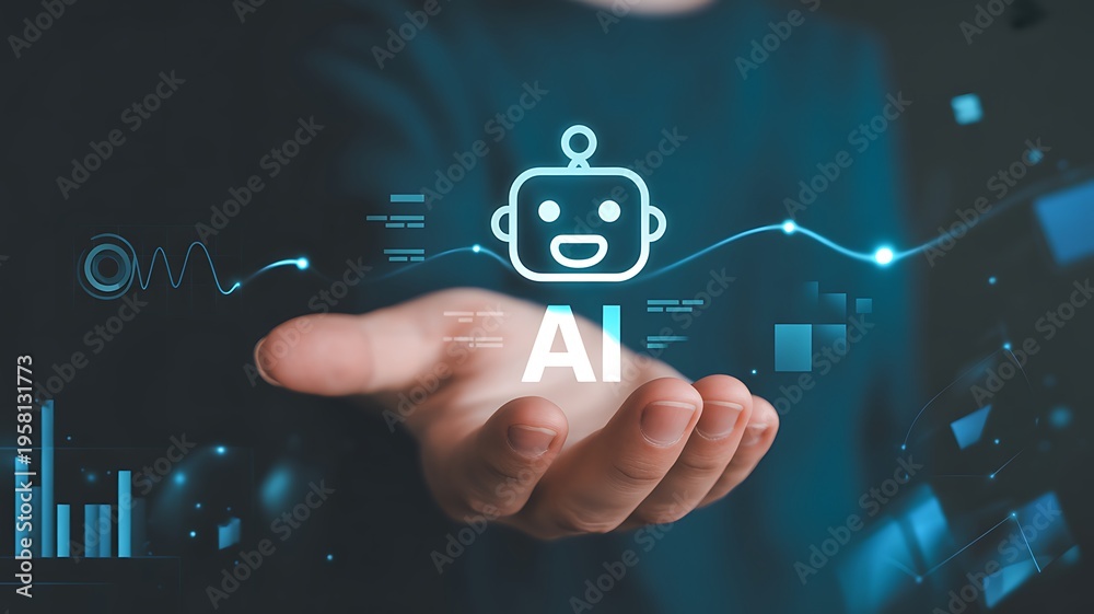 Obraz premium AI Concept A Digital Illustration of Artificial Intelligence Symbol Hovering Above a Hand with Data Visualizations