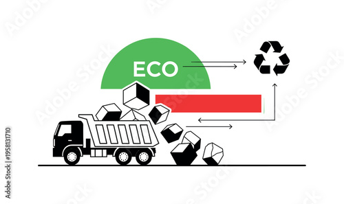 Black and white dump truck silhouette unloading abstract geometric waste blocks, bright green semicircle behind as eco signal, thin linear arrows directing