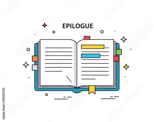 Epilogue depicted by an open journal with highlighted sentences and tiny decorative stars, emphasizing closure, reflection, and thoughtful remembrance.