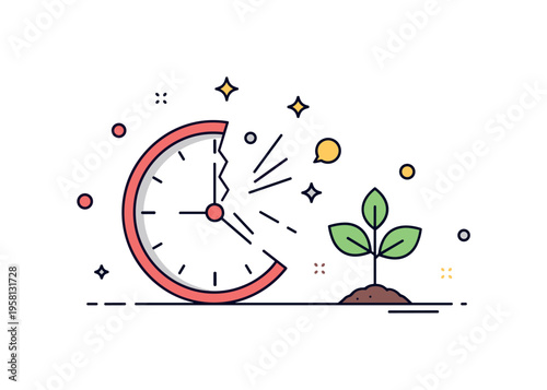Healing after regret symbolic broken clock slowly turning into a small sprouting plant suggesting growth and acceptance after sorrow. The composition reflects