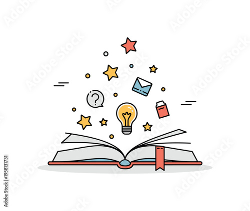 Book reading concept centered on an open book with small floating icons of stars and ideas rising from the pages. The scene conveys curiosity, imagination and