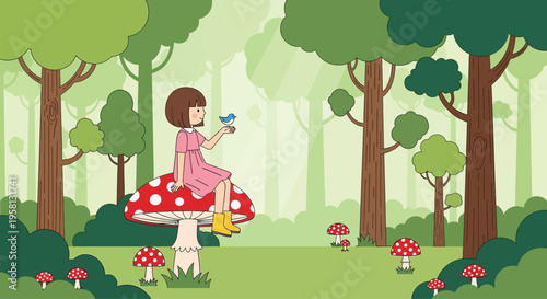 Young Girl Sitting on Mushroom Drinking Tea.
