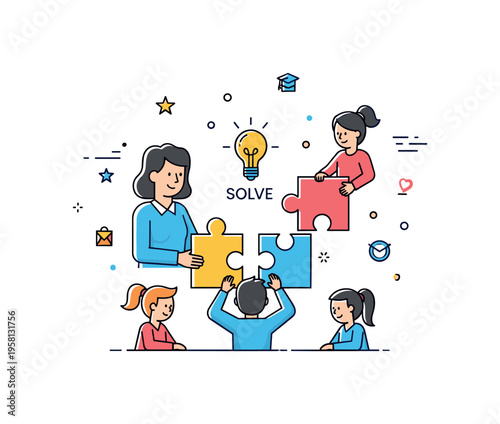 Classroom problem solving game featuring a teacher and students assembling puzzle pieces around a small idea icon labeled ?Solve?. The scene reflects teamwork