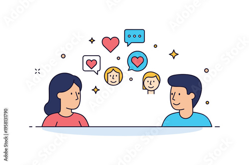 Interpersonal emotional intelligence illustrated by two people sharing small floating icons of hearts, speech bubbles, and faces, tiny stars highlighting