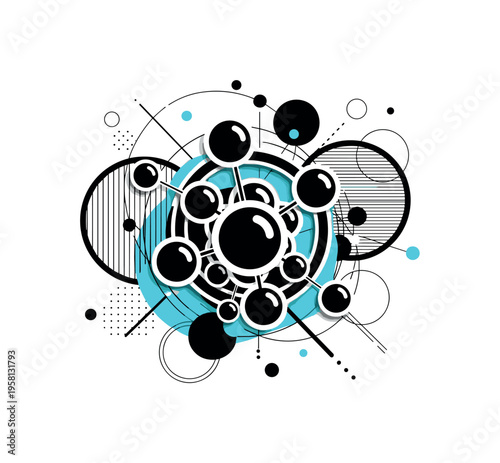 cluster of atoms connected by thin bonds abstract circles lines and geometric shapes representing molecular interaction black and white retro atom spheres with