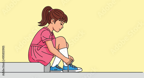 Young Girl Tying Blue Running Shoes.