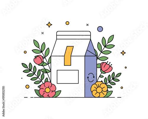 Natural botanical packaging style product box surrounded by simple flowers and leafy branches suggesting freshness and eco awareness. Clean illustration