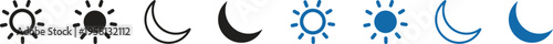 Minimalist sun and moon line and solid icons for weather and time of day showing morning sun and evening crescent moon symbols in black and blue color variants for interface design projects