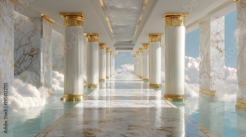 Classical marble corridor with golden columns leading into clouds. Surreal palace hall with water floor and sky view. Majestic architecture for fantasy background or ceremonial design concept.