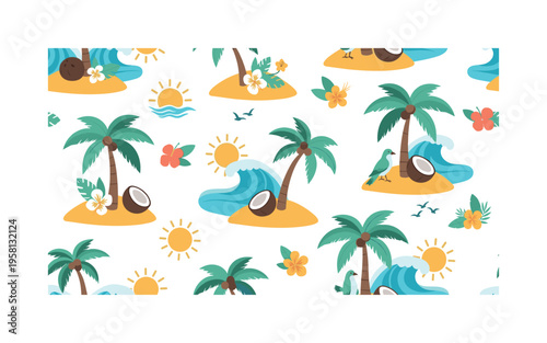 tropical island motifs seamless pattern, palm trees, coconuts, sandy beaches, sun, waves, birds and tropical flowers arranged in a repeating pattern, white