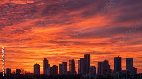 Skyline cityscape silhouette against dramatic red sunset sky. Urban architecture view at dusk. Modern metropolis building exterior in glowing twilight. Evening city horizon landscape scenery.
