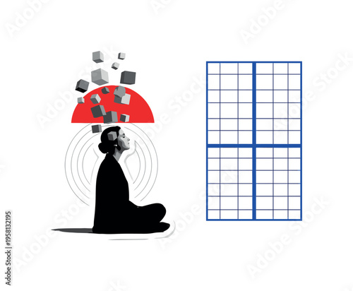 Black and white figure seated calmly while abstract blocks float above the head like fragmented thoughts, bold red semicircle behind and cobalt blue