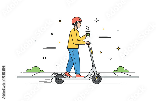Adult riding an electric scooter with a coffee cup in hand on the sidewalk, emphasizing multitasking, convenience, and modern urban lifestyle. Minimalist flat