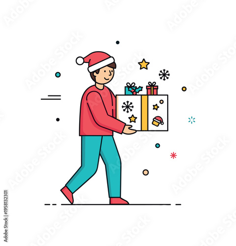 Seasonal package arrival featuring a cheerful person carrying a decorated parcel with small holiday icons like stars and snowflakes on the box. The scene