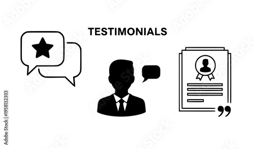 A vector graphic illustration of testimonials with a star rating and a silhouette of a man