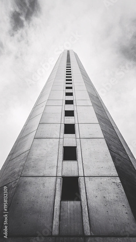 Looking up at a towering brutalist concrete skyscraper