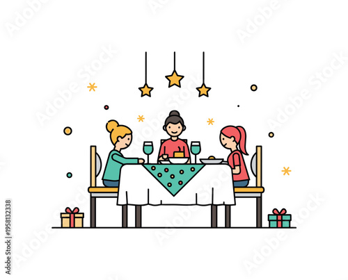Holiday family gathering concept featuring a small dining table with festive decor and subtle star accents, symbolizing togetherness and warmth