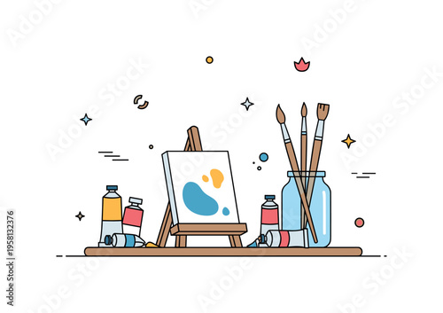 Creative art table a compact scene with a small canvas on a tabletop surrounded by paint tubes and brushes resting in a jar suggesting a ready to use painting