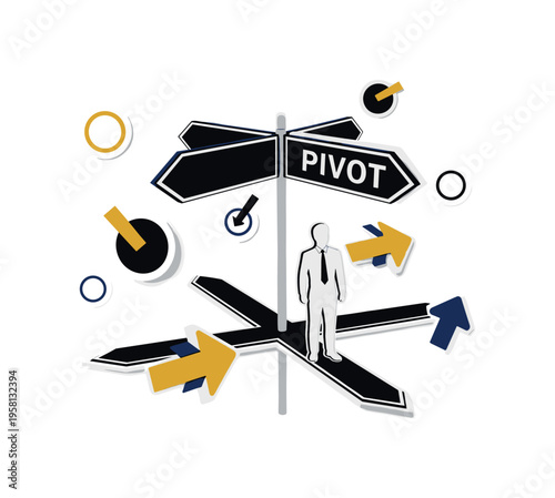 black and white entrepreneur standing on a geometric platform looking forward, cut-out figure with white outline effect, bold yellow circle behind symbolizing