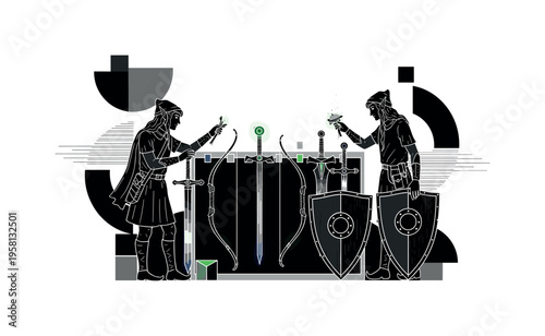 elves arranging magical weapons on display rack abstract semicircles lines and geometric blocks symbolizing organized enchanted inventory black and white retro