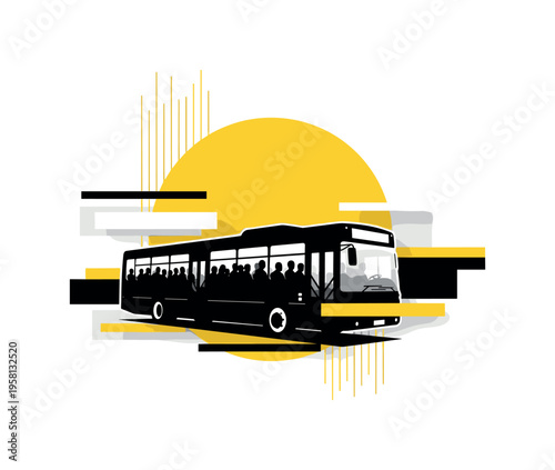 A monochrome bus filled with silhouetted passengers, combined with large yellow circular backdrop and thin vertical lines indicating movement and transition,