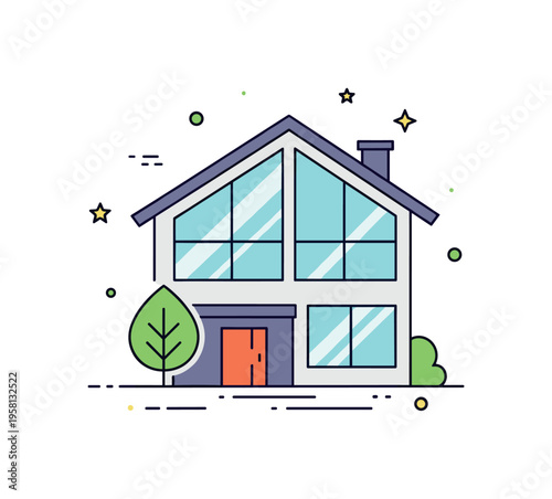 Passive house concept compact modern home with large energy saving windows and a leaf icon near the entrance representing high efficiency environmental design.