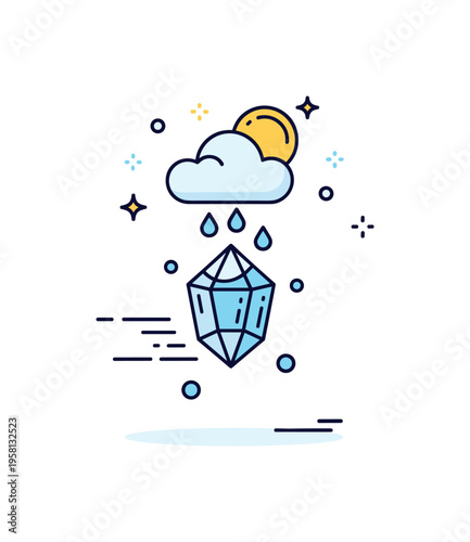 Atmospheric snowflake formation illustrated by a small cloud icon above a forming crystal shape with subtle downward motion lines, representing freezing