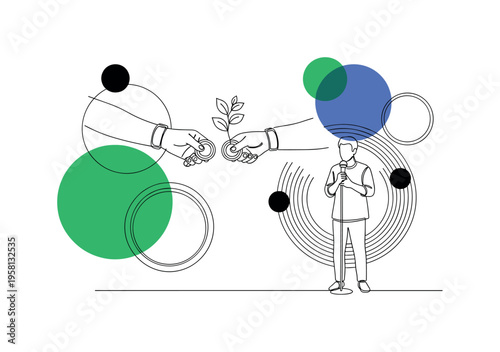 two hands exchanging coin with small plant abstract circles lines and geometric shapes symbolizing collaborative impact investing black and white retro hands