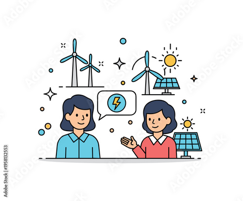 Interactive climate education showing a teacher and student discussing renewable energy symbols like wind turbines and solar panels, tiny decorative stars and