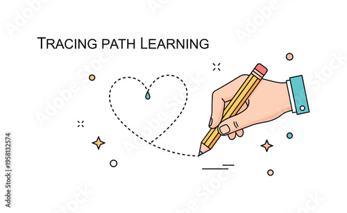 Tracing path learning a hand with a pencil carefully moving along a dotted line forming a heart shape representing early drawing exercises and creative