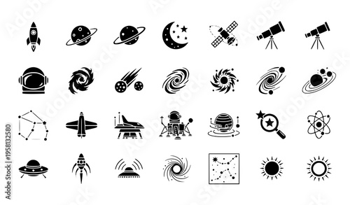 A collection of black and white space icons and symbols