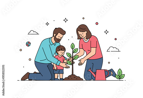 Family planting a young tree parents guiding a child while placing a sapling into the ground with a watering can ready nearby. The composition highlights