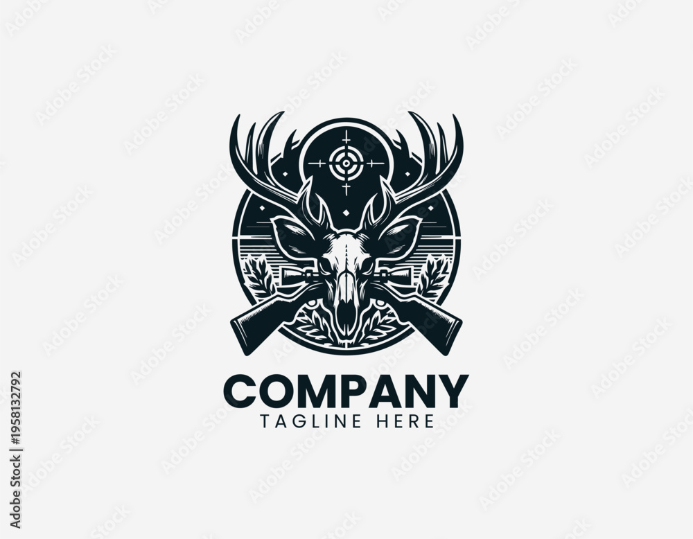 Obraz premium Deer skull with crossed rifles and target black vector logo illustration isolated on white background