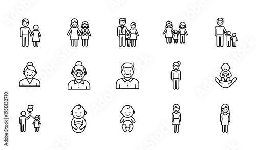 A set of minimalist line art illustrations depicting various family members and relationships