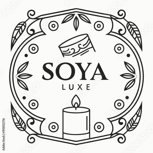 Soya Luxe Candle Brand Logo Vector Illustration with Elegant Floral Frame and Burning Candle