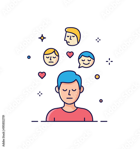 Self-awareness and emotions illustrated by a person with subtle floating icons of faces and hearts above their head, tiny decorative stars suggesting calm