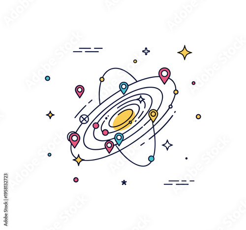 Deep space galaxy mapping stylized galaxy chart with star markers and orbit lines suggesting astronomers mapping the structure of the universe. The composition