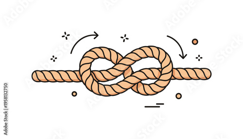 Rope tangle knot displayed as a thick rounded rope tied into a complex loop, with subtle directional arrows hinting at the process of untwisting. The scene